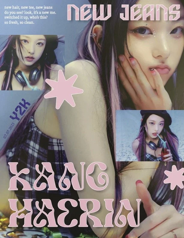 Collage featuring a young woman with black and purple hair, posing with different facial expressions, wearing headphones and a plaid skirt. Prominent pink and blue text says "NEW JEANS" and distorted words "KANG HOERAN" at the bottom. Smaller text at the top left mentions hair, jeans, and style.