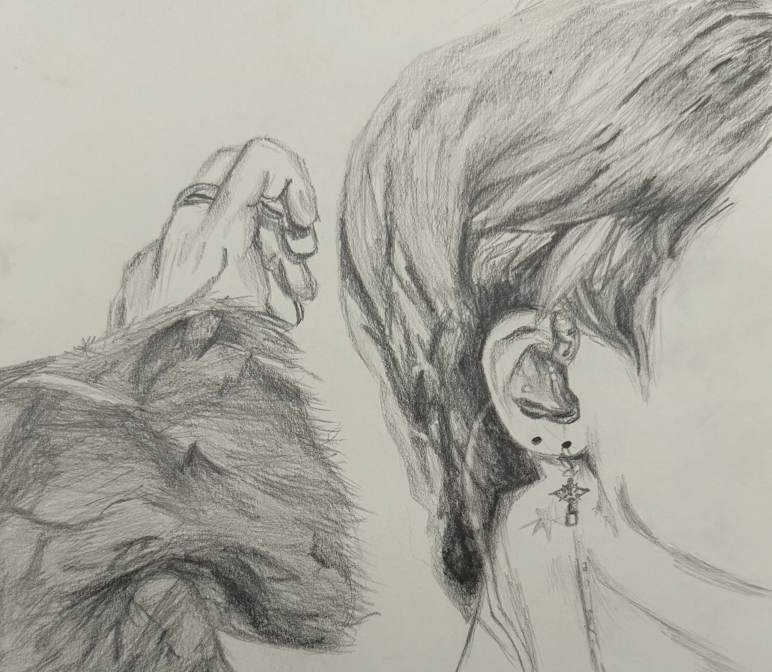 A pencil sketch of a face with long hair and earrings, depicted in profile view, with a hand in the top left corner, possibly part of another figure or gesture.