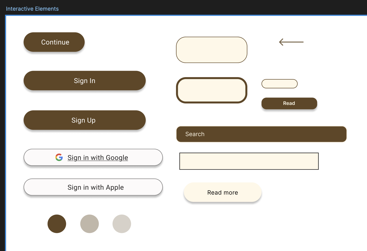 A user interface design with buttons labeled Continue, Sign In, Sign Up, Read, and Search. Also includes options to sign in with Google or Apple, and color selection circles in brown and shades of gray.