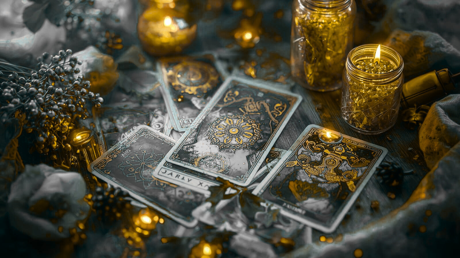 Tarot cards spread on a table surrounded by candles, crystals, and decorative objects, with a mystical and enchanting ambiance.