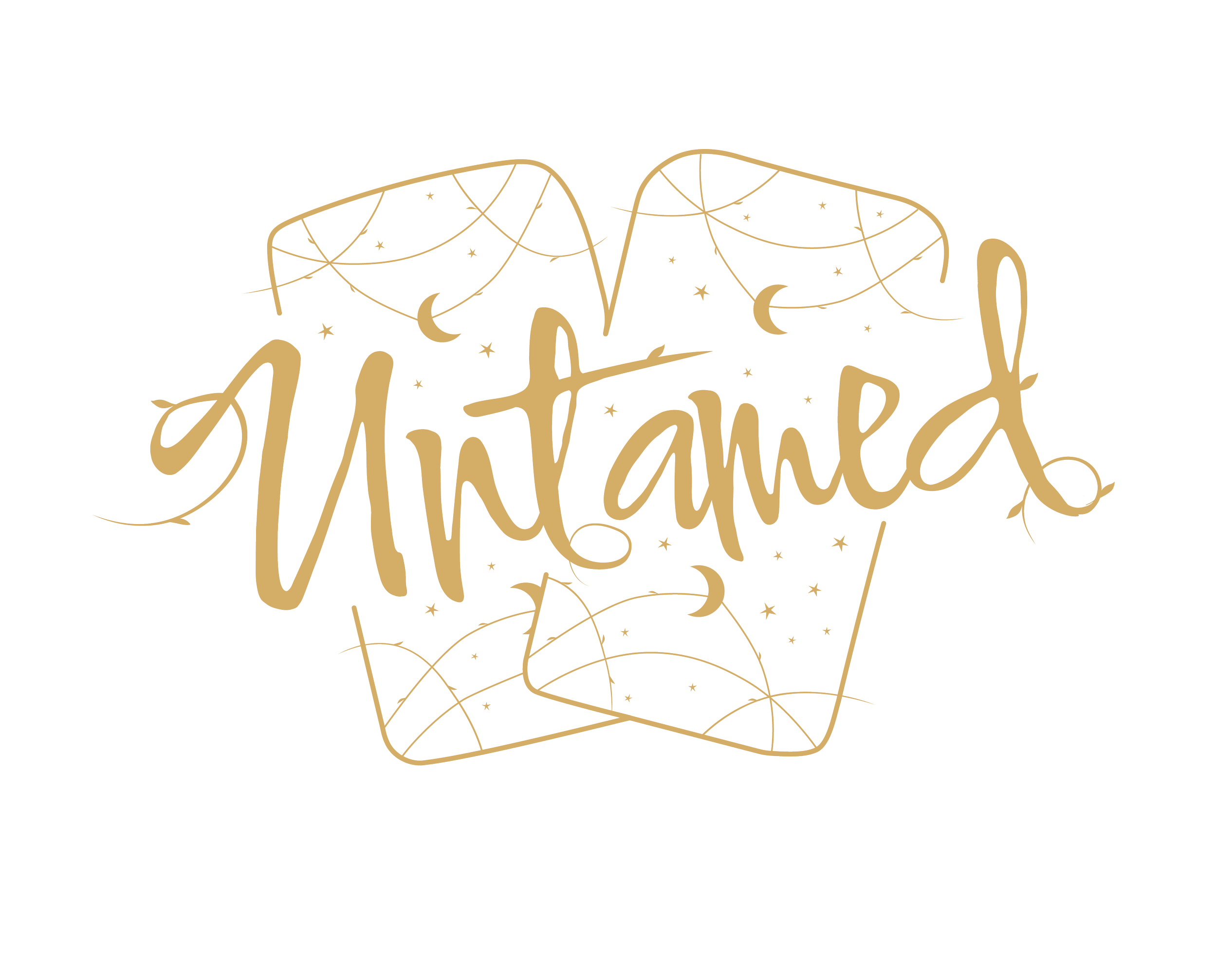 The word "Untamed" written in a cursive style with decorative spider webs, crescent moons, stars, and small dots around it, all in a gold color on a black background.