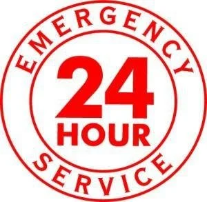 A red and white circular emblem indicating 24-hour emergency service.