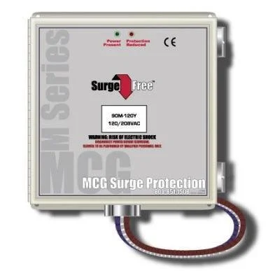 Electrical surge protection device labeled MCG Surge Protection, Surge Free series, with warning about electric shock risk, and voltage specifications of 80M-120V and 120/208VAC.
