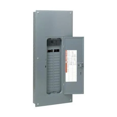 Electrical breaker panel with open door showing circuit breakers inside