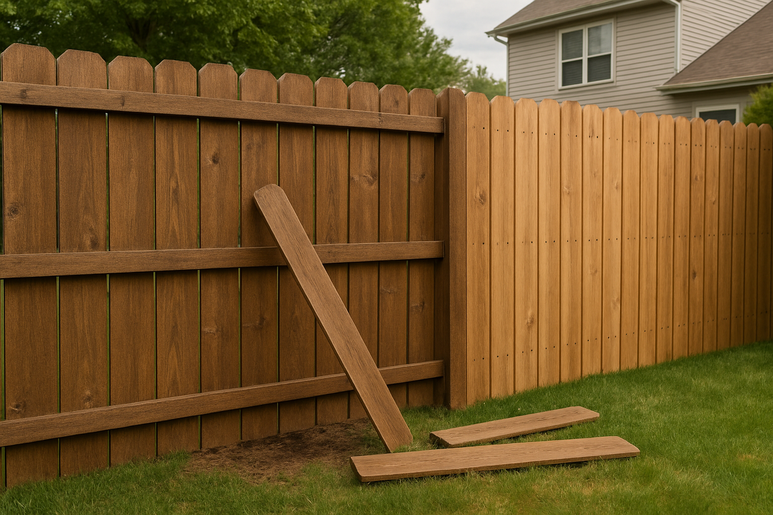 A split rail fence with a missing horizontal wooden plank, two loose planks on the grass, and a neighboring wooden fence in a backyard with a house and trees in the background.
