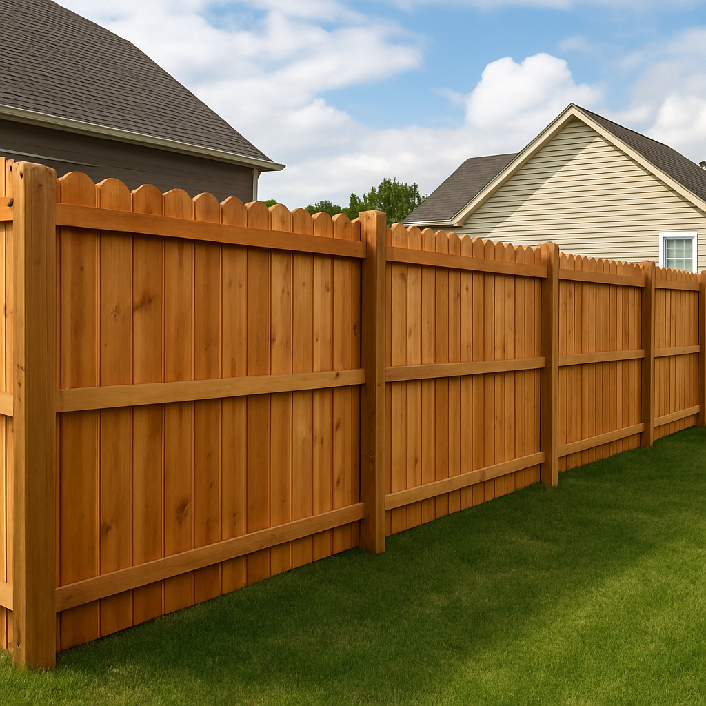 A wooden privacy fence in a backyard with green grass, with neighboring houses visible in the background under a partly cloudy sky.