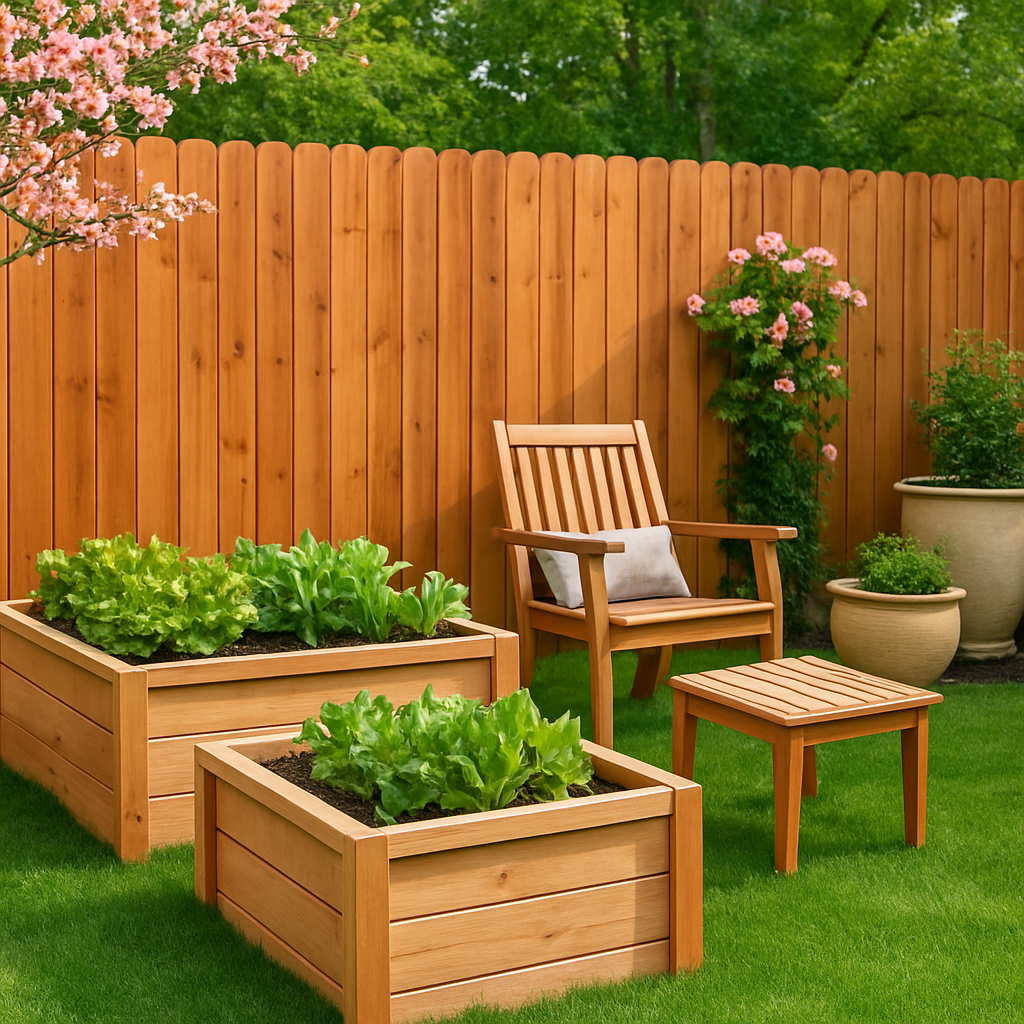 A cozy backyard space with a wooden fence, wooden garden planters with leafy green plants, a wooden bench with a cushion, and potted flowering plants on the grass.