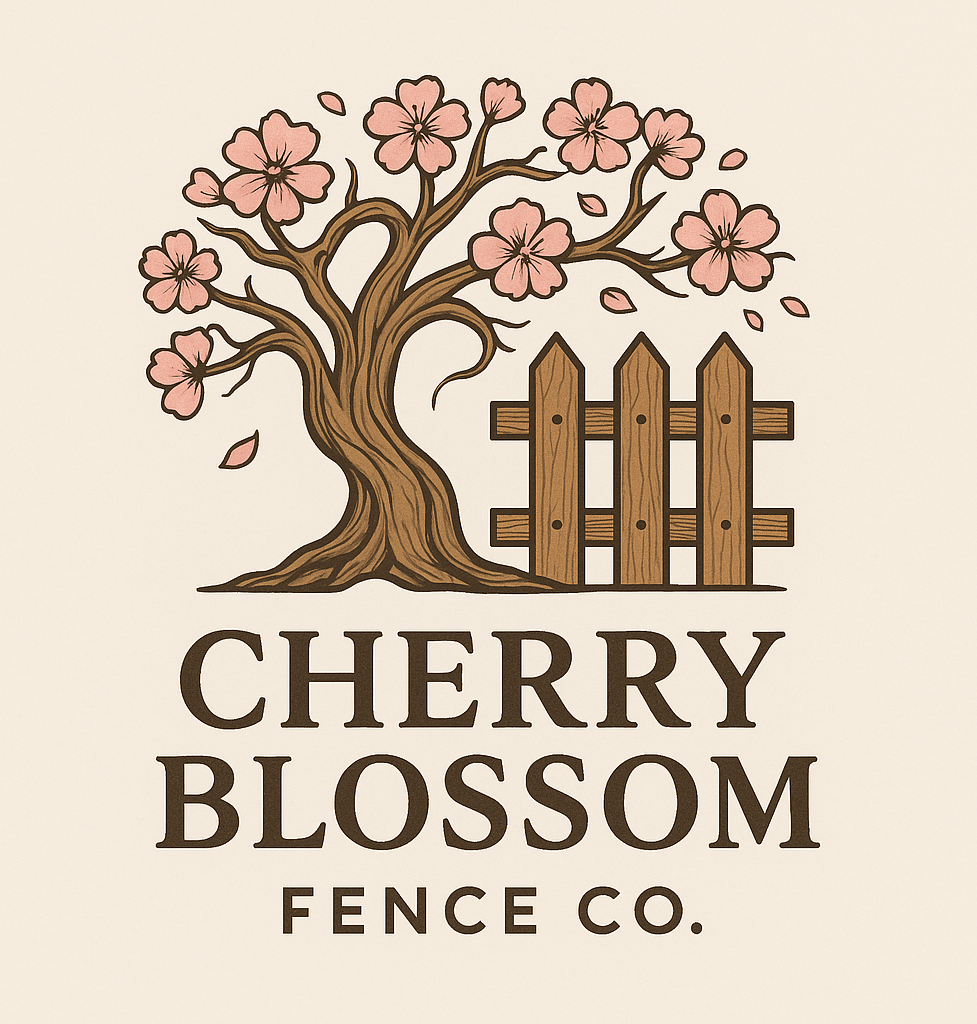 Logo for Cherry Blossom Fence Company featuring a cherry blossom tree, a wooden fence, and the company name in bold letters.