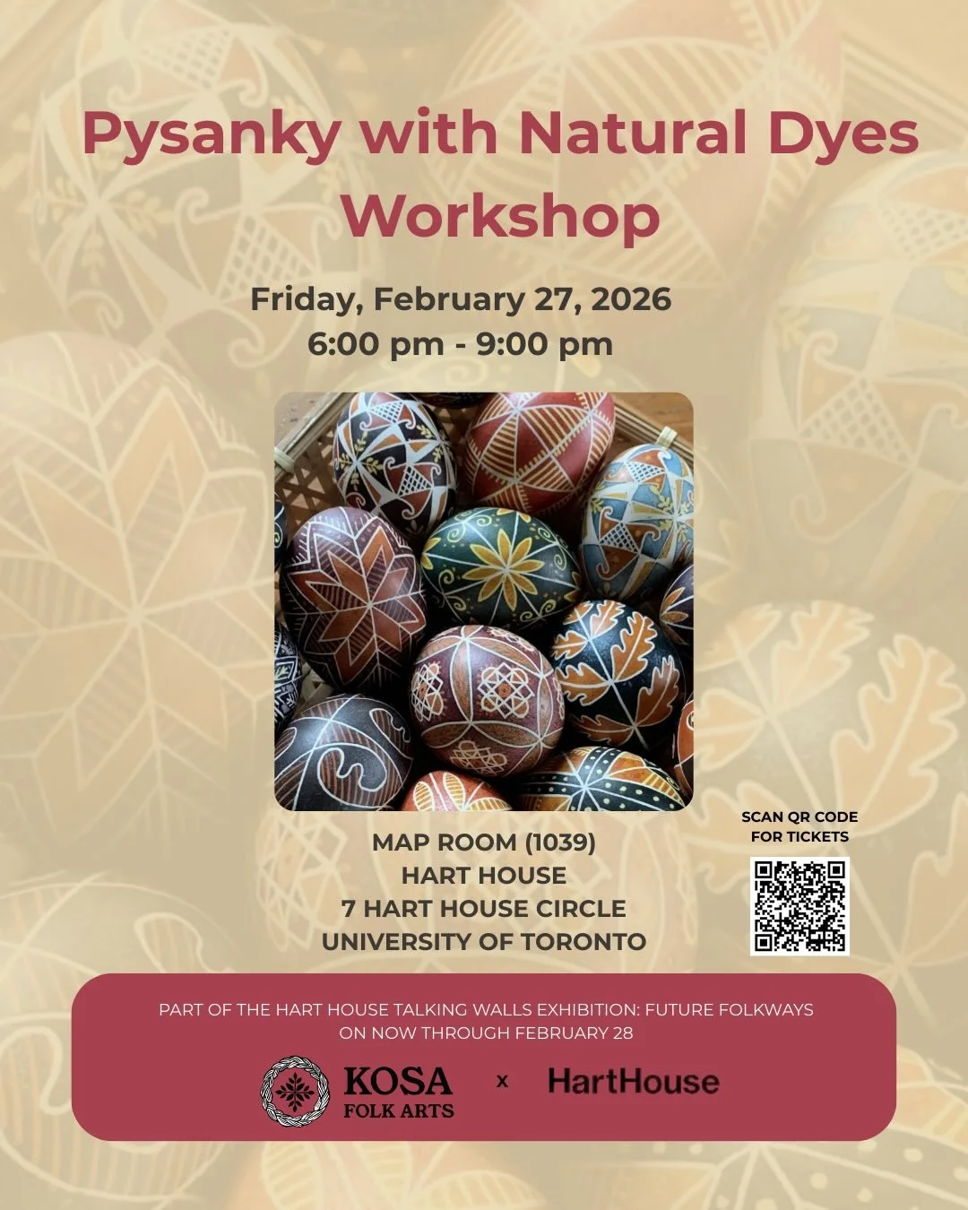 Join us in the ritual of making traditional Ukrainian pysanky! We have two sessions, one exclusively for U of T students and one open to the public.

Pysanky is the Ukrainian word for decorated eggs made using the wax-resist &ldquo;batik&rdquo; metho