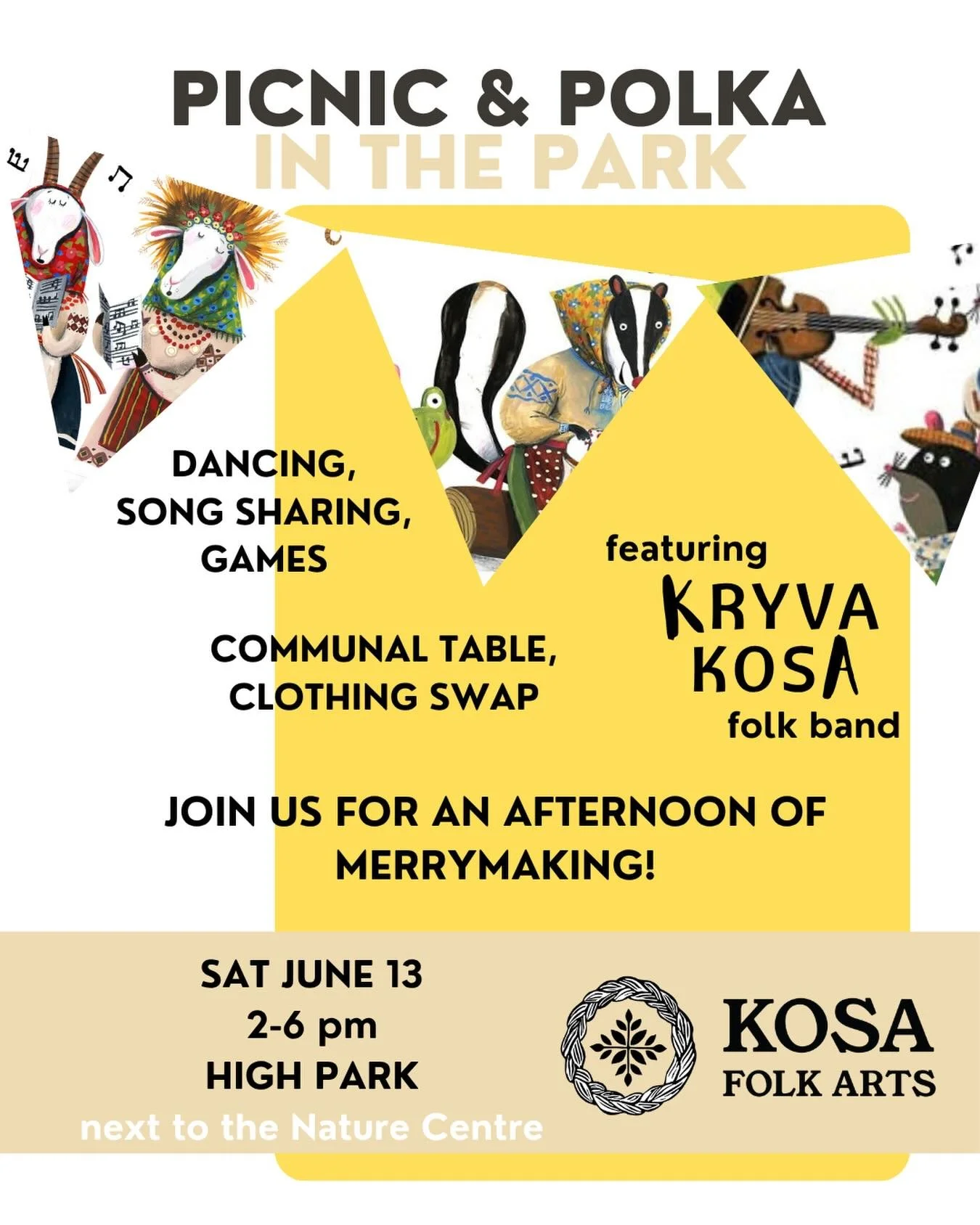 You&rsquo;re invited! 🧺🎉☀️

Join us for a Picnic &amp; Polka in the Park!
Sat., June 13, 2 PM (rain date June 14)
We&rsquo;ll meet near the High Park Nature Centre (look for the colourful ribbons)

There will be dancing, song sharing, games, a comm