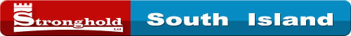 South Island Stronghold sign with red, blue, and white colors.
