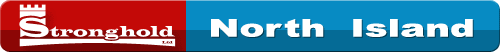 Sign for Stronghold and North Island, with red and blue colors.