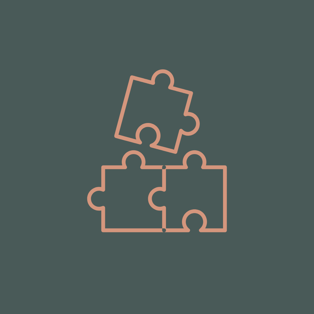 Three interconnected puzzle pieces outlined in a pinkish color on a dark background.