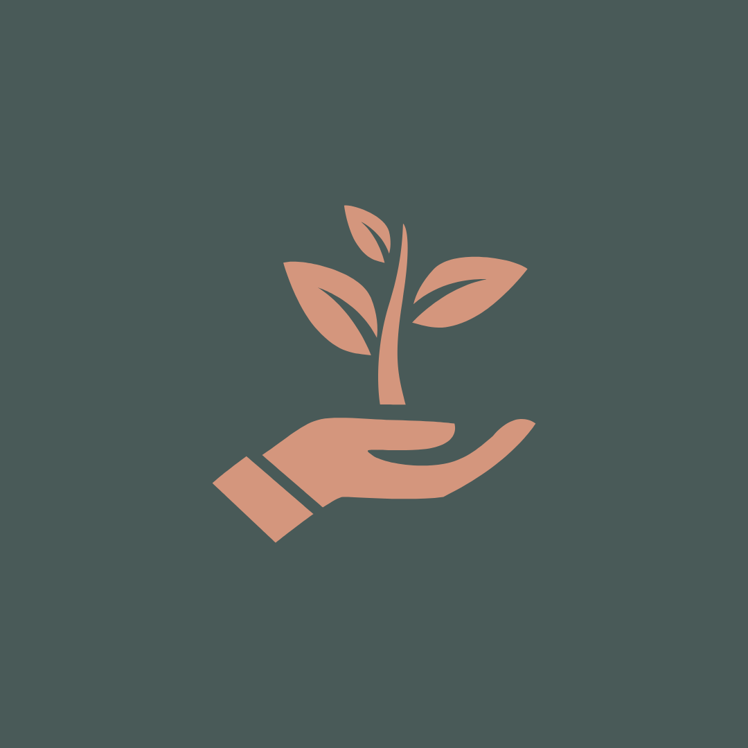 A graphic illustration of a hand holding a small plant with leaves.