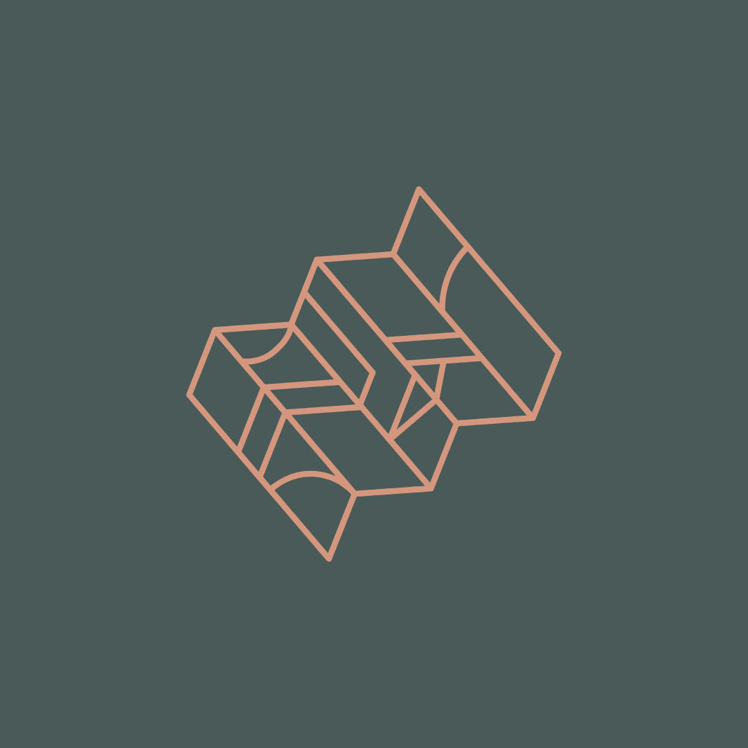 A minimalist line drawing of an abstract 3D geometric shape on a dark background.