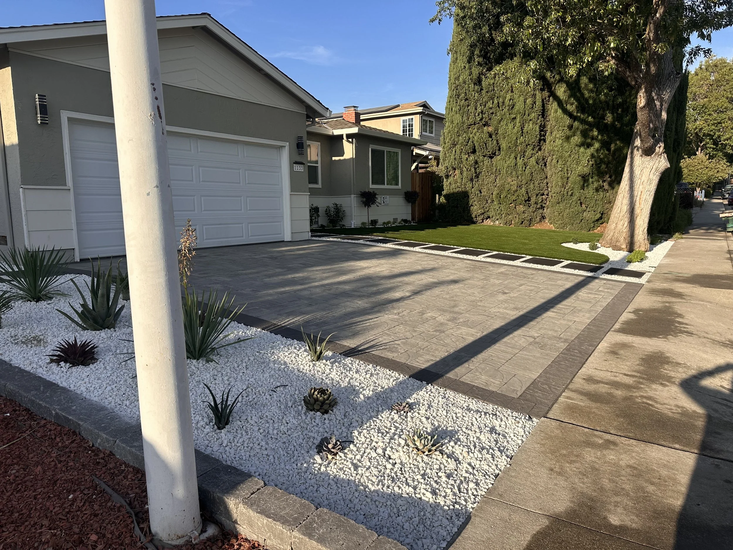 Front yard of a modern house with a concrete driveway, gravel landscaping with succulents, a large tree, and a well-maintained lawn with a compacted white gravel border.