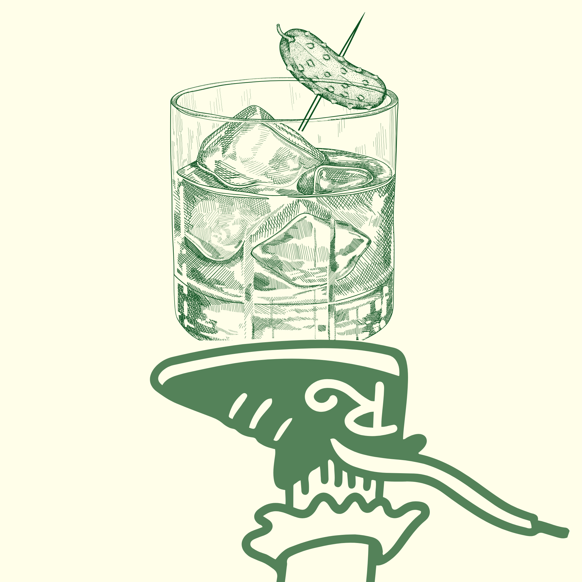 Line drawing of a hand holding a cocktail glass with ice cubes, a slice of cucumber, and a cherry garnish on a toothpick.