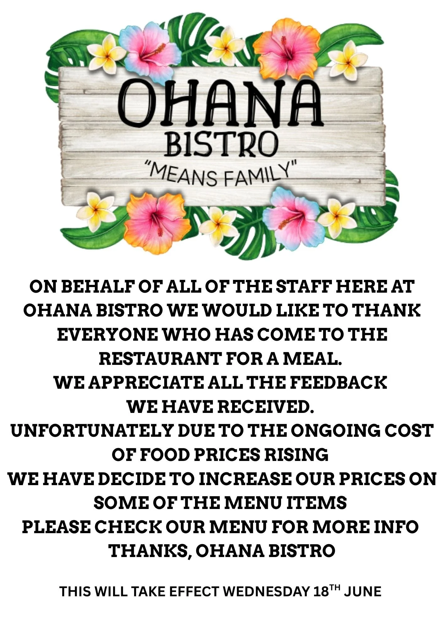 OHANA BISTRO PRICE INCREASE AND NEW MENU