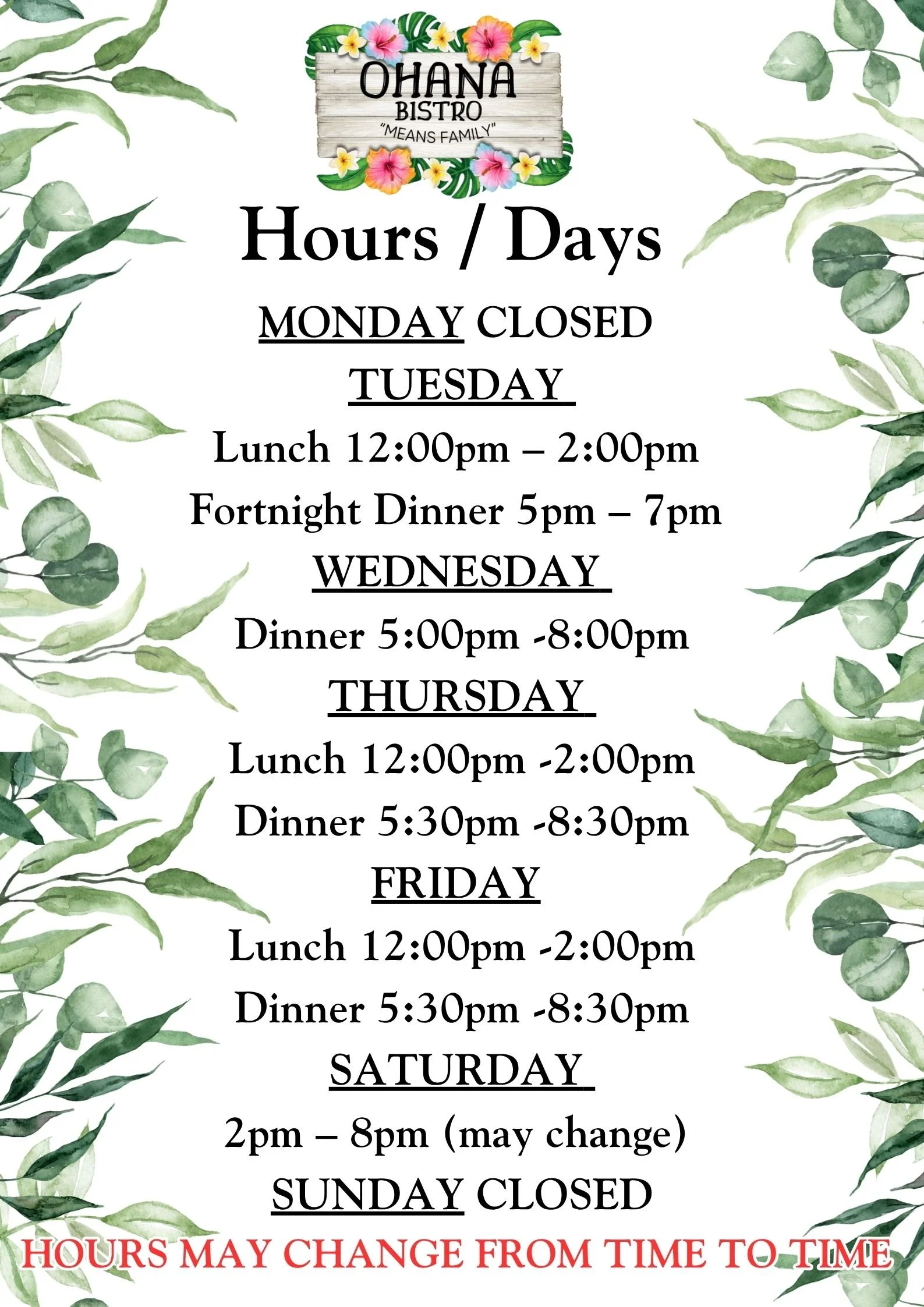 UPDATED OHANA HOURS
