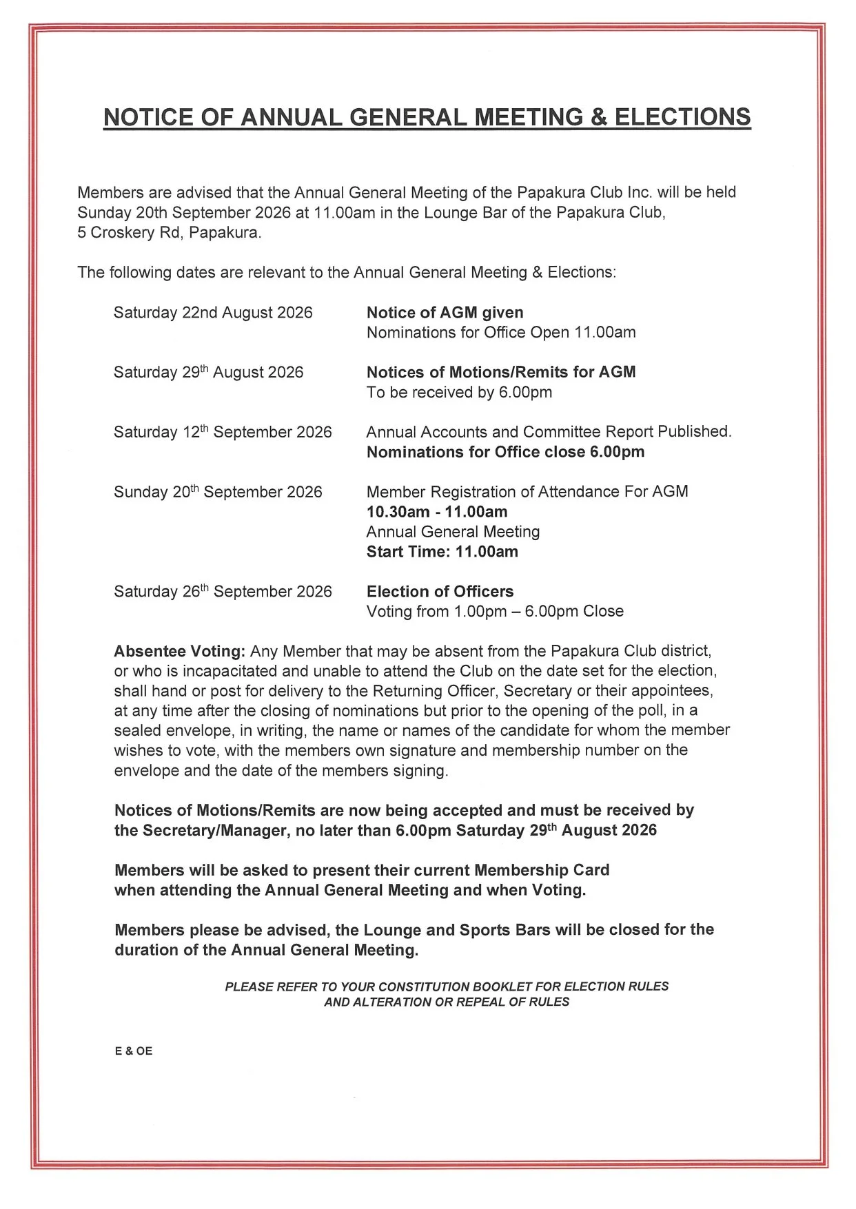 NOTICE OF ANNUAL GENERAL MEETING AND ELECTIONS 