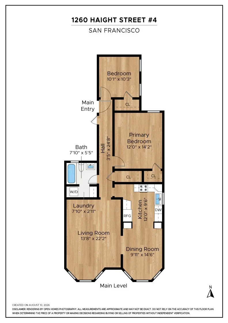 Floor plan of a house at 1260 Haight Street, San Francisco, showing rooms including Living Room, Dining Room, Kitchen, Laundry, Bath, two Bedrooms, hall, and main entry, with dimensions and layout details.