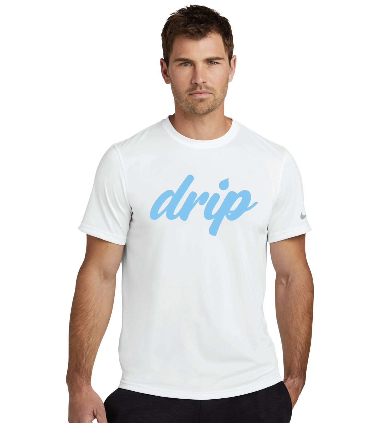 A man wearing a white T-shirt with the word 'drip' written in light blue on the front.