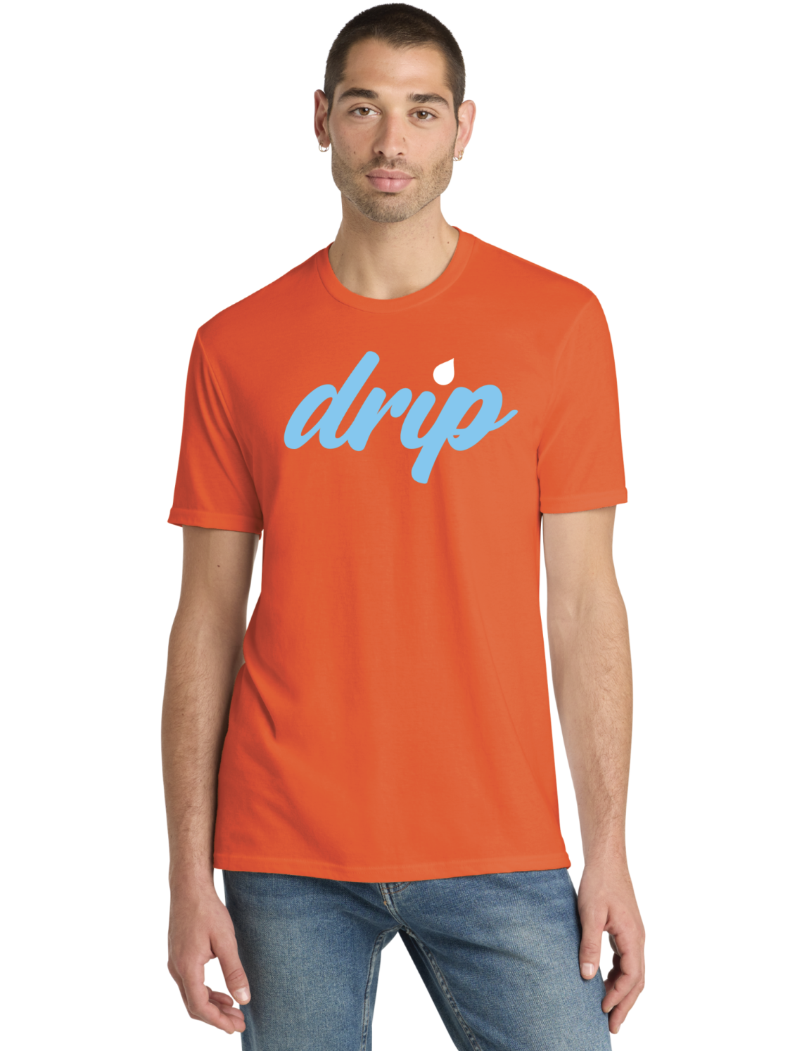A man wearing an orange t-shirt with the word 'drip' written in blue on the front.