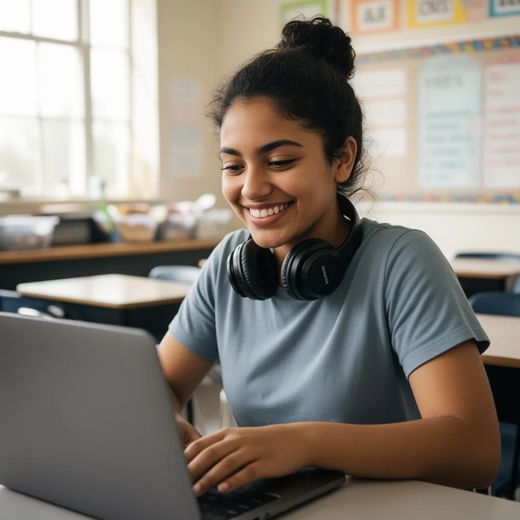 A young woman with dark hair in a bun, wearing a gray T-shirt and black headphones around her neck, smiling while working on a laptop in a classroom setting.