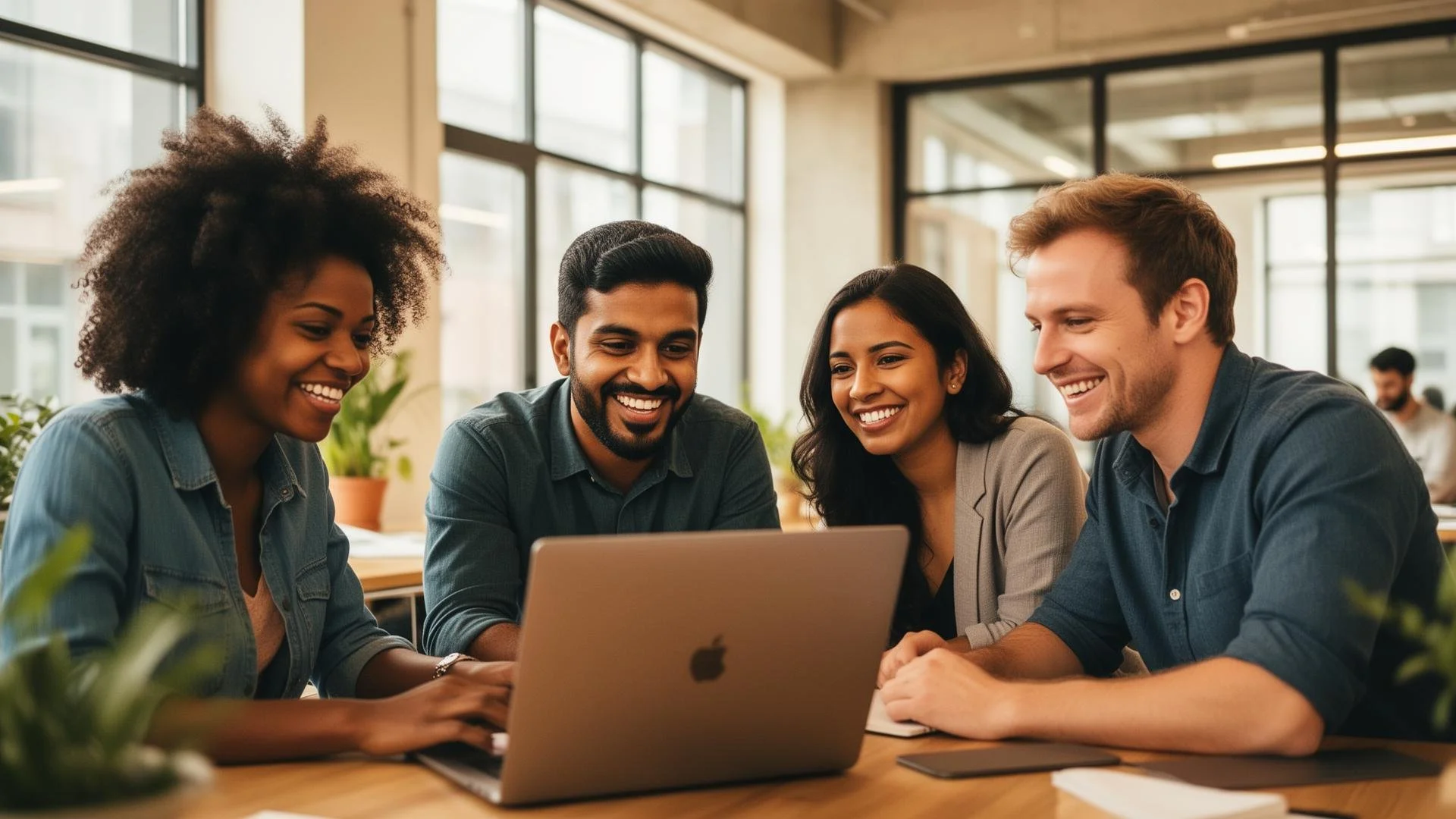 Four diverse young adults gathered around a laptop, smiling and looking at the screen in a modern, well-lit office space with large windows.