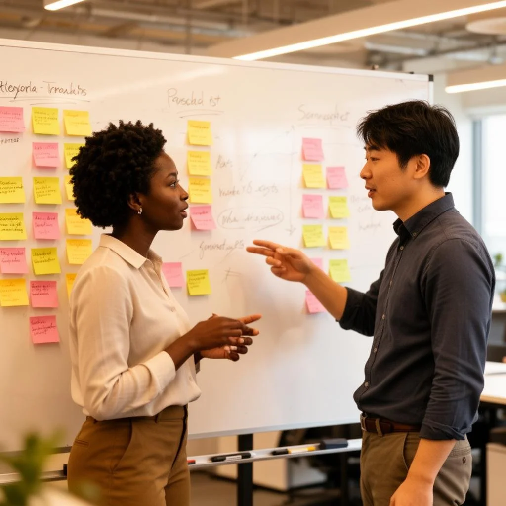 Two people having a discussion in front of a whiteboard covered with pink and yellow sticky notes and handwritten notes, in an office or conference room setting.