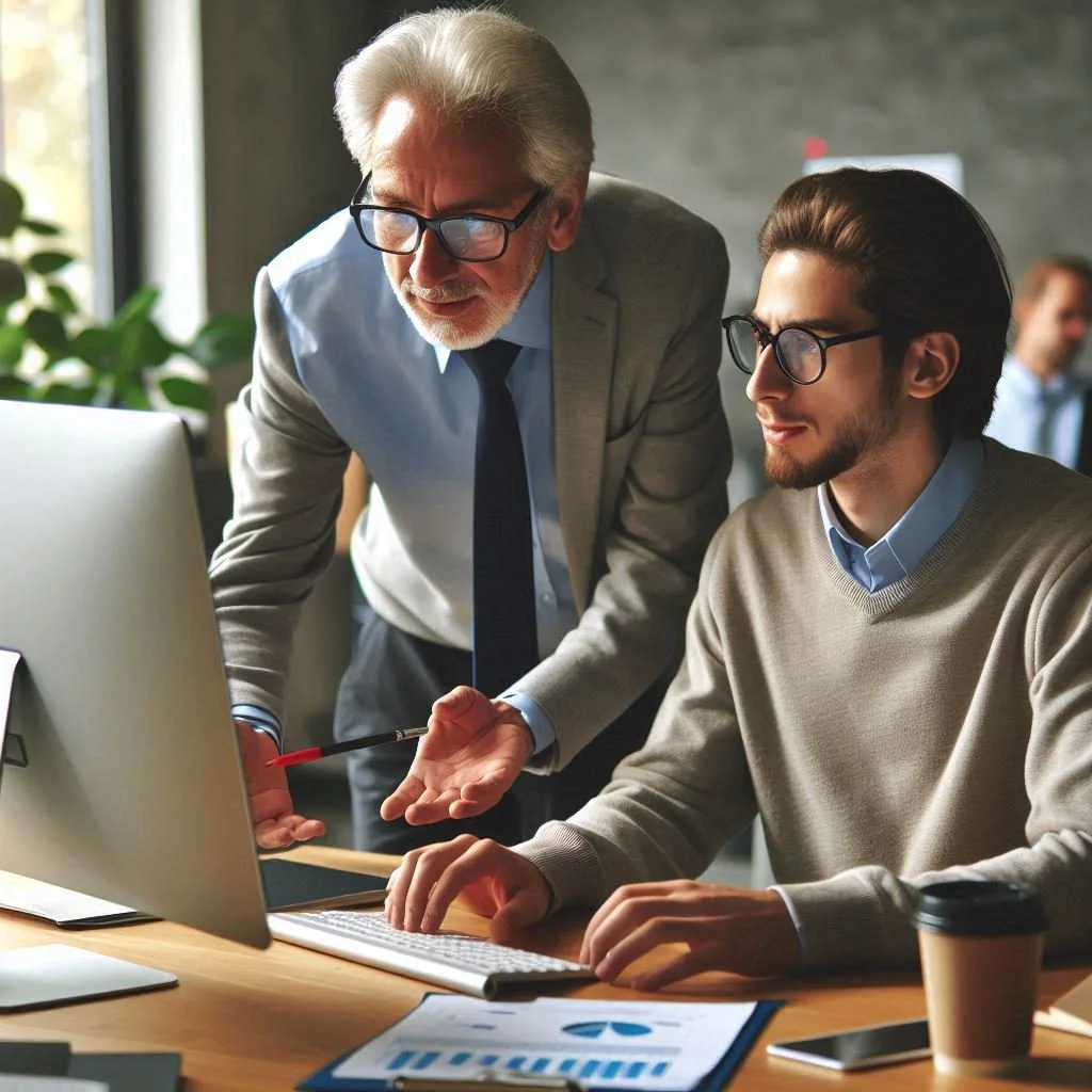 An older man in a suit and glasses is leaning over a young man working at a desk with a computer, both appear to be discussing work.