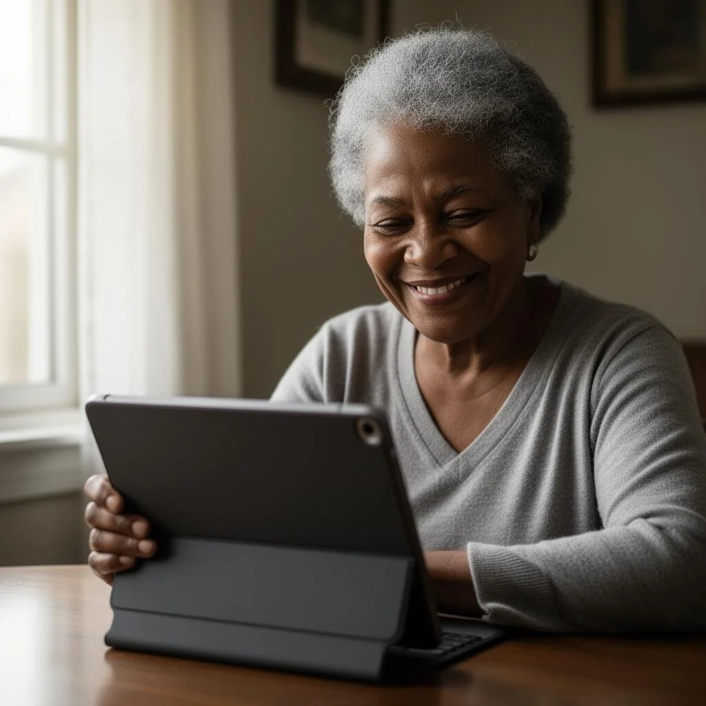 An elderly woman with gray hair smiling while looking at a tablet device.