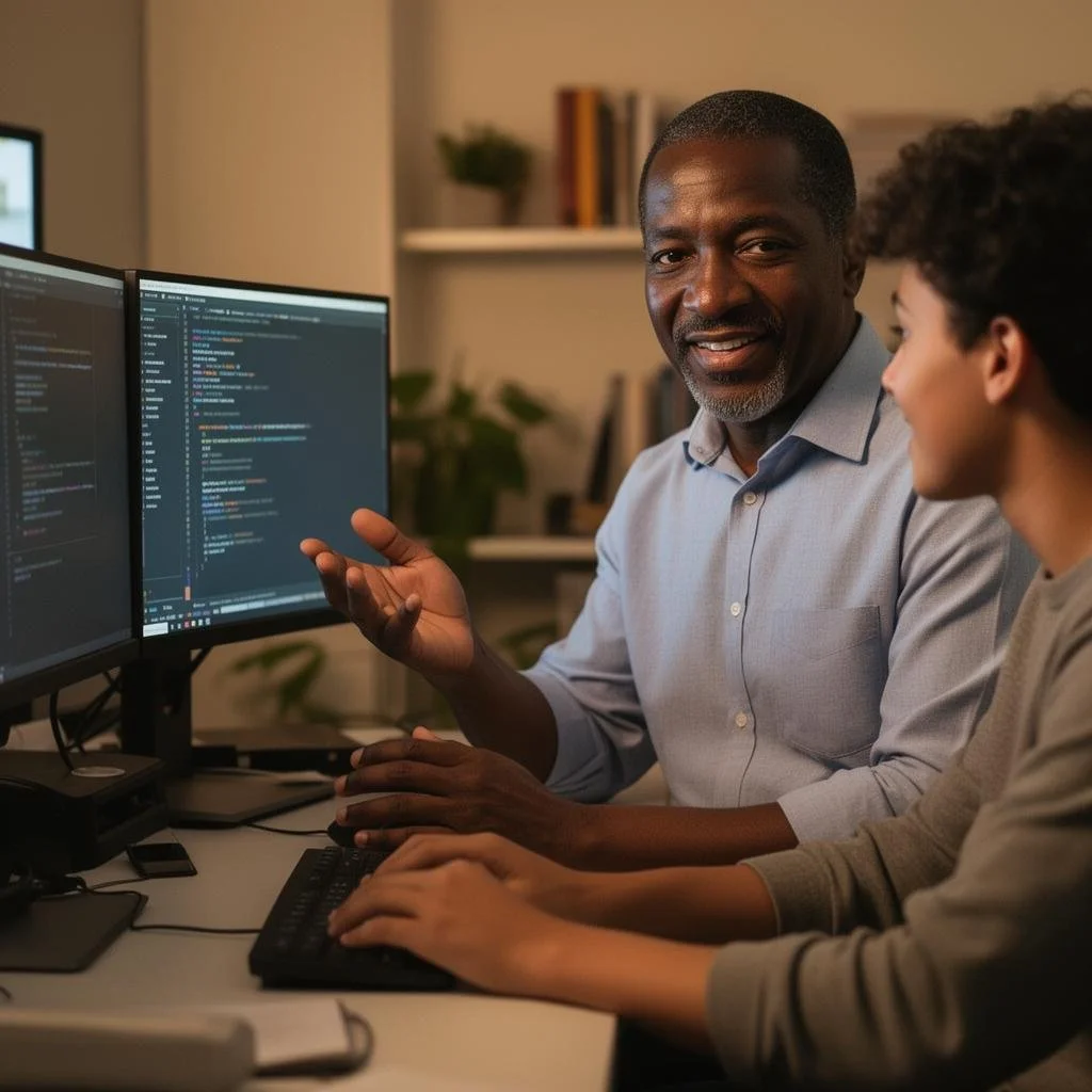 An adult man and boy working on computer programming at a desk with dual monitors, man explaining code to the boy in a home office setting.