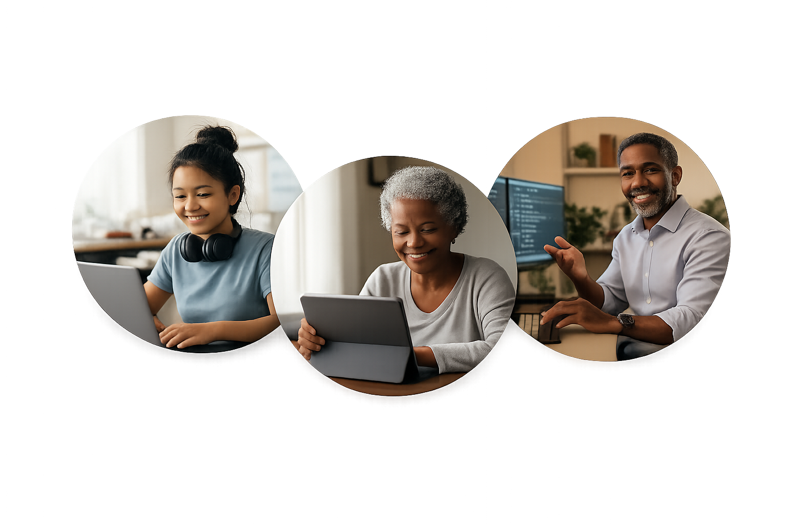 Three diverse people smiling and using digital devices, with one person working on a laptop, another on a tablet, and a third on a computer, in different indoor settings.