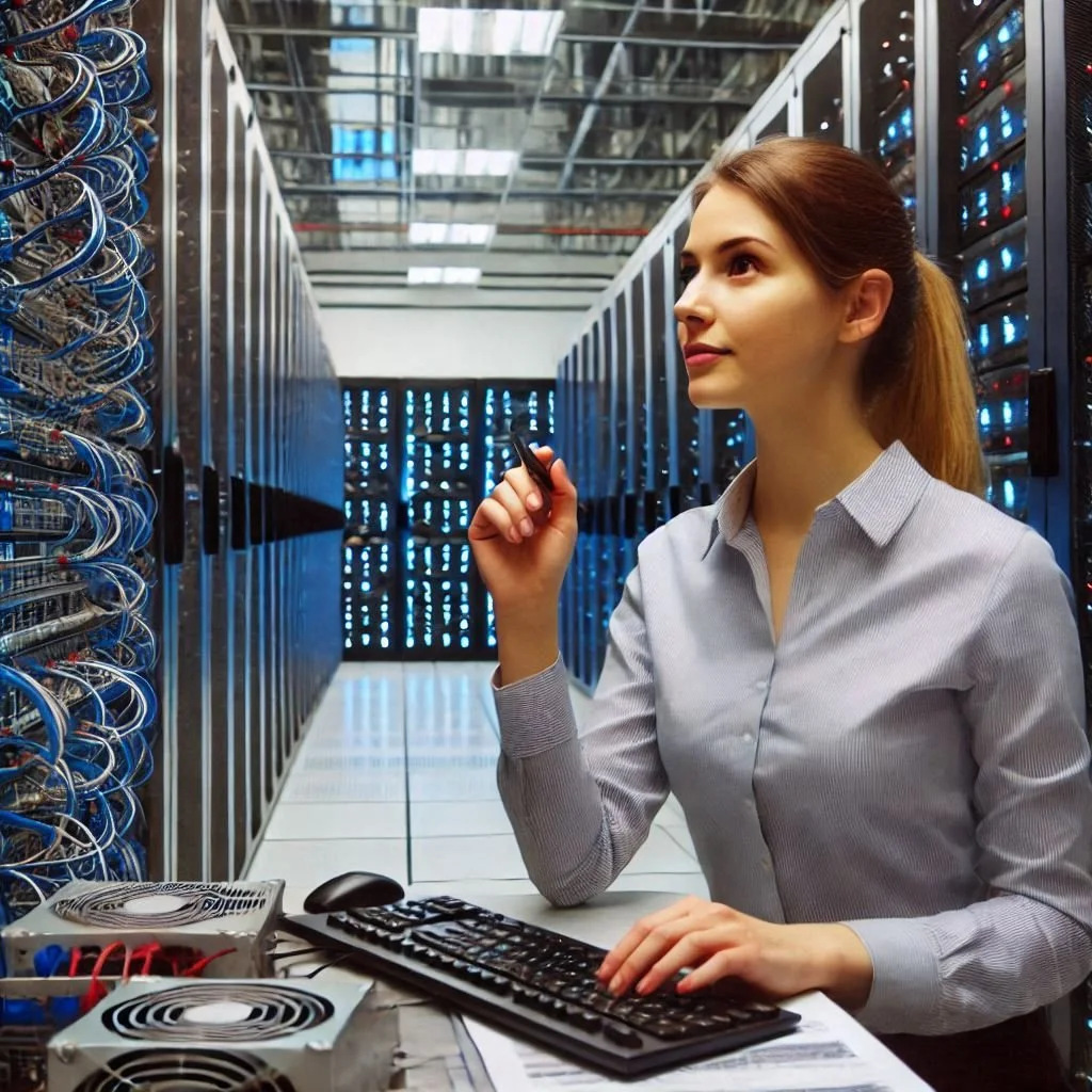 A woman working in a data center or server room, seated at a desk with a keyboard and computer mouse, surrounded by server racks with blinking lights.