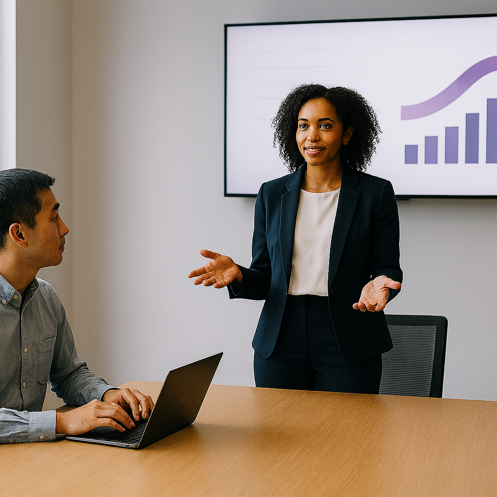 Businesswoman giving a presentation to a colleague in a conference room with a graph on the screen.