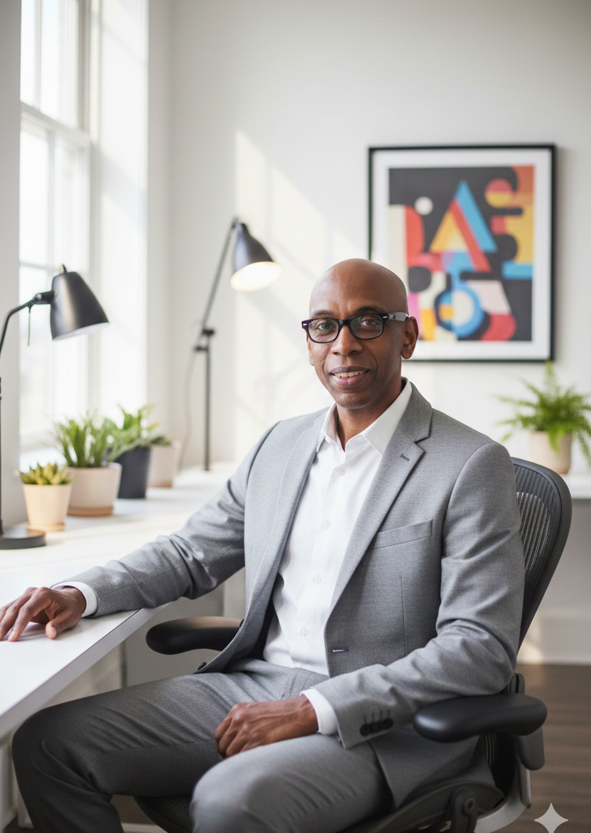 A professional man in a light gray suit and glasses sitting at a white desk in a modern office with plants and abstract artwork on the wall.