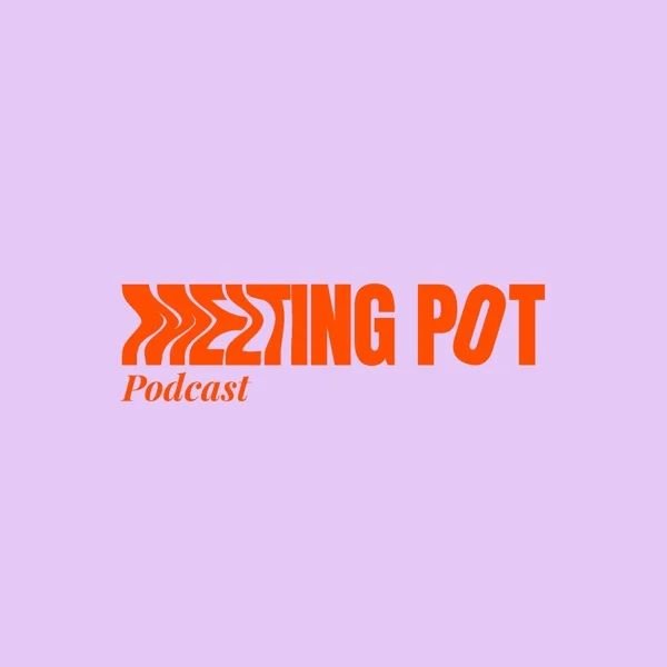 Logo for 'We’re The Pot' podcast with stylized steam lines and bold orange text on a light purple background.