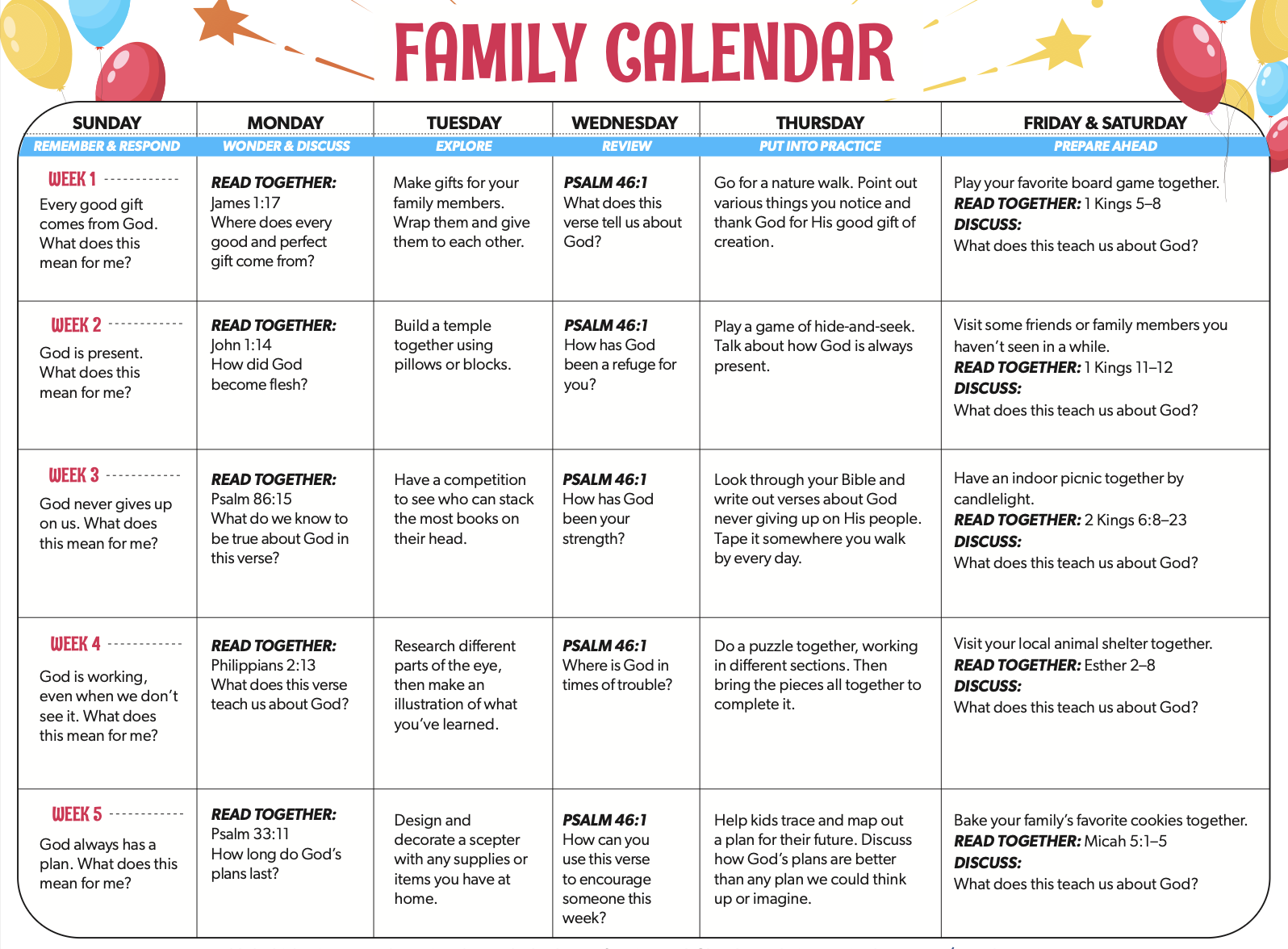 A colorful family calendar displaying weekly activities and Bible verses for each day, with balloons and festive decorations around the edges.