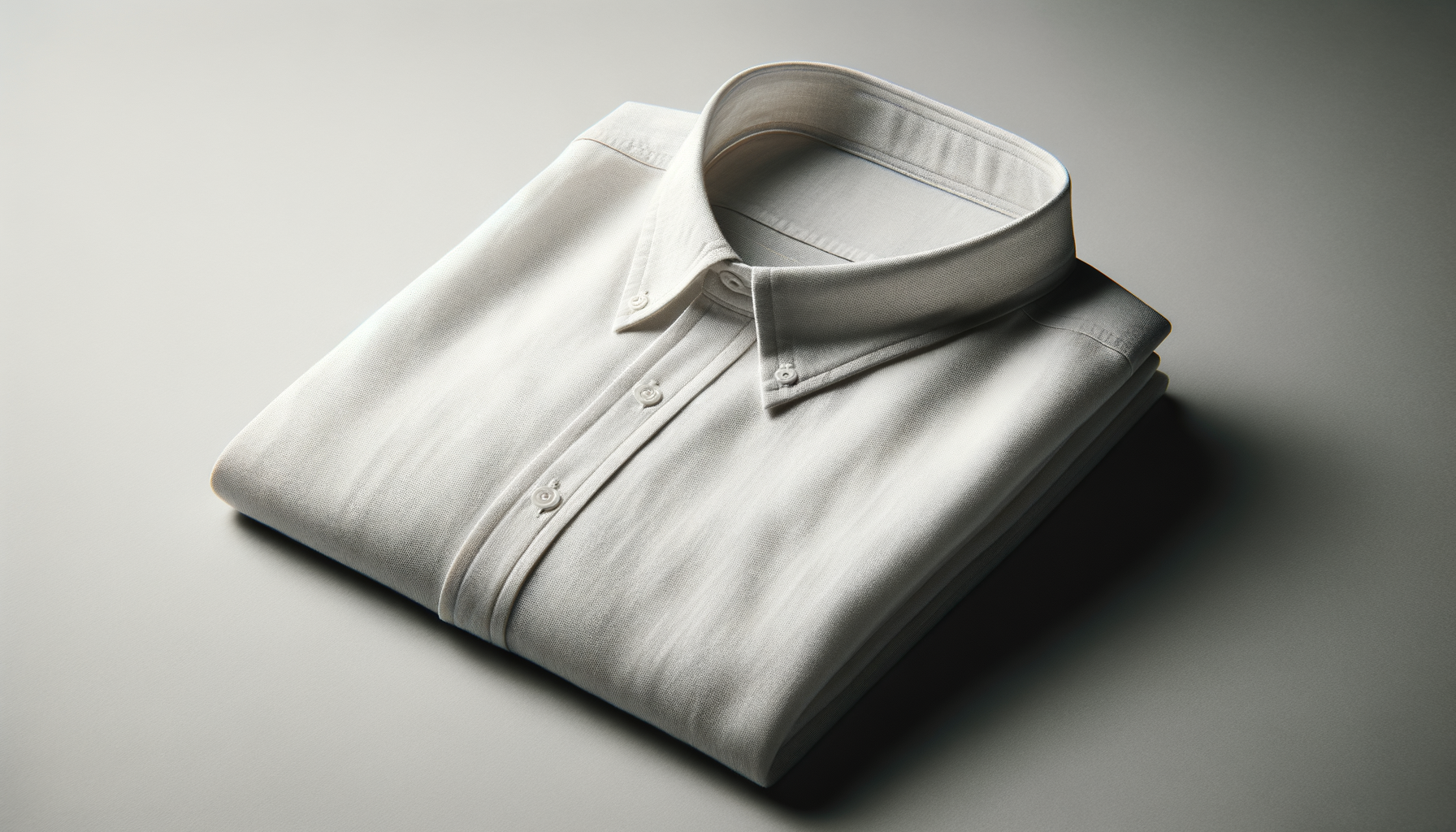A neatly folded white dress shirt with a button-down collar and visible buttons, placed on a light gray surface.
