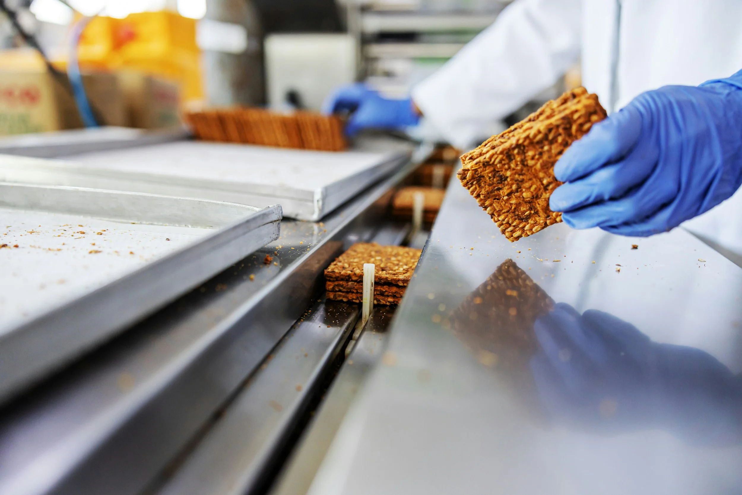 A person wearing blue gloves and a white coat places a stack of nut and seed bars on a stainless steel conveyor belt in a food production facility.