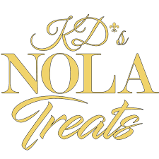 Logo for KD's NOLA Treats in gold lettering with decorative design elements.