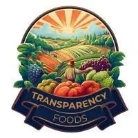 A circular logo featuring a sunrise over farmland with trees and crops, and a banner reading 'Transparency Foods' at the bottom.