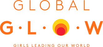 Logo with the word 'GLOBAL G.L.O.W' and the tagline 'Girls Leading Our World', featuring a circular design with orange, yellow, and red colors.