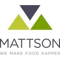 Logo of Mattson, featuring a stylized mountain with green and gray colors and the slogan 'We Make Food Happen'.