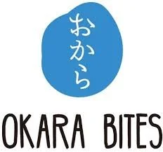 Blue oval with Japanese characters and the text 'OKARA BITES' beneath.