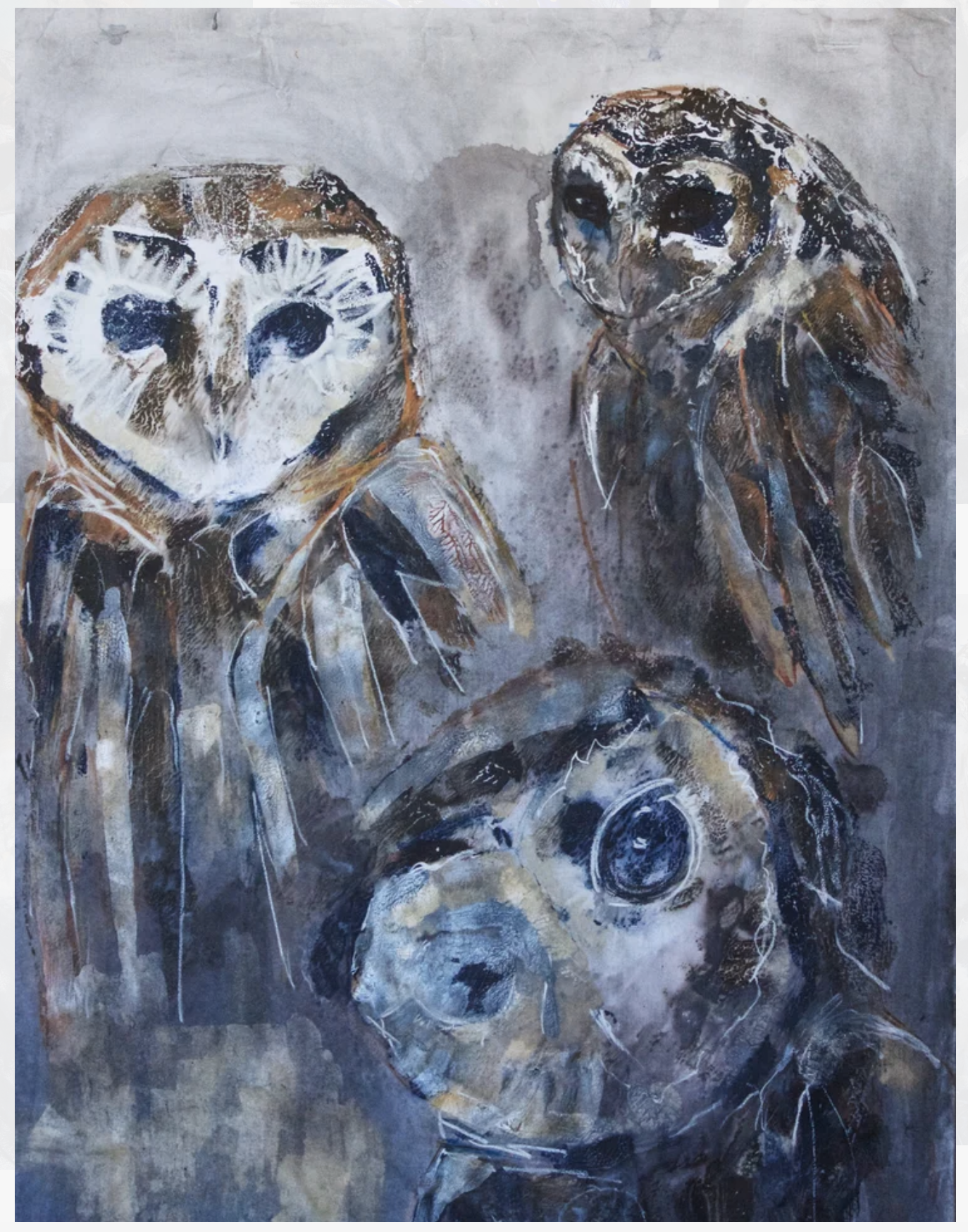 Abstract painting of two owls with dark eyes, using shades of white, black, brown, and blue with expressive brushstrokes.