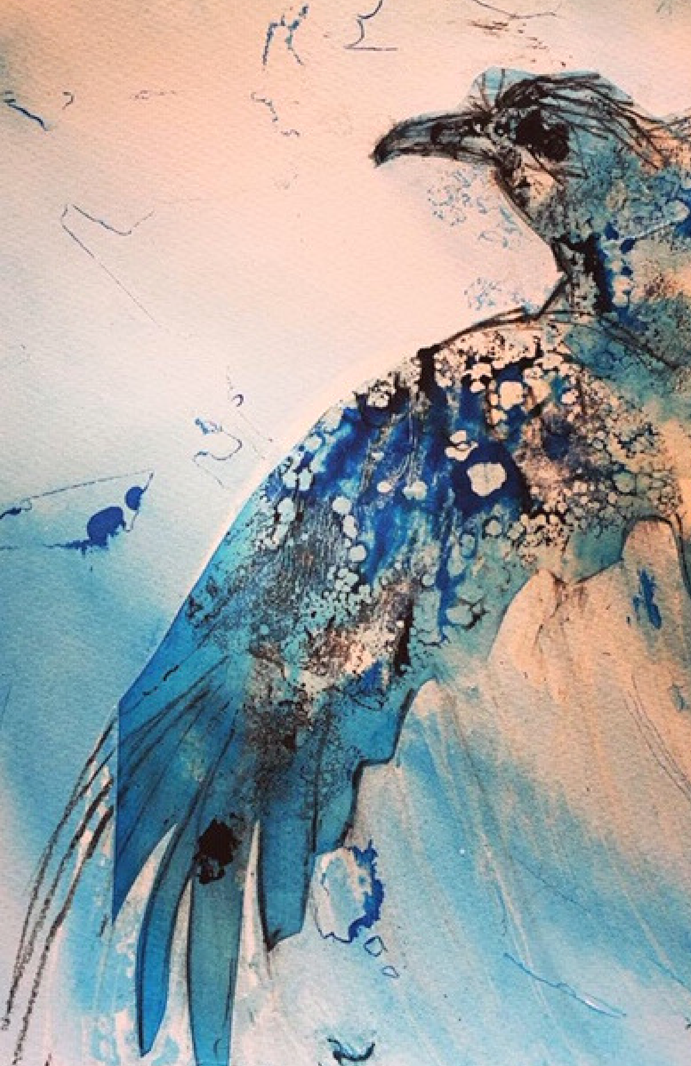 A watercolor painting of a dragonfly in shades of blue and black with delicate wings, set against a light pastel background.