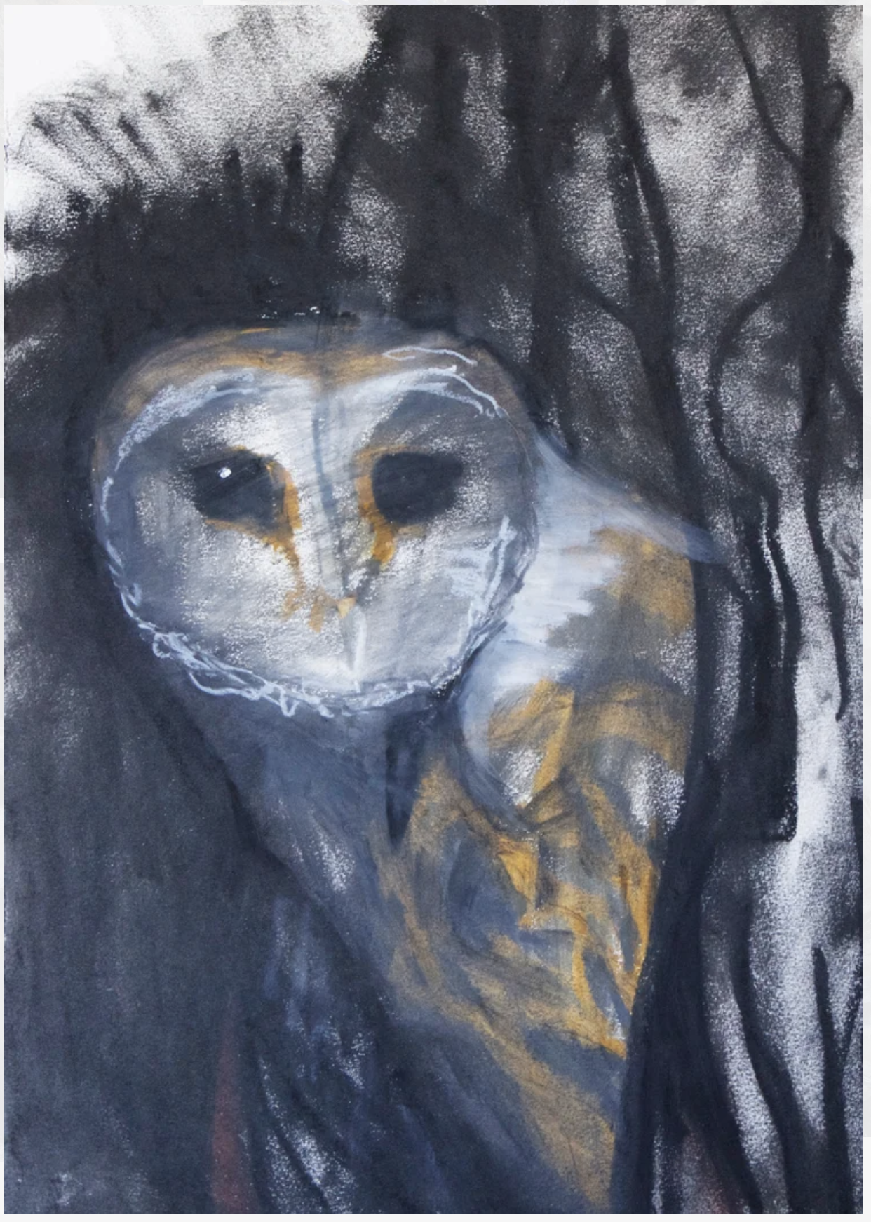 A painting of an owl with large dark eyes, a white face, and brown and white feathers, set against a dark, abstract background.
