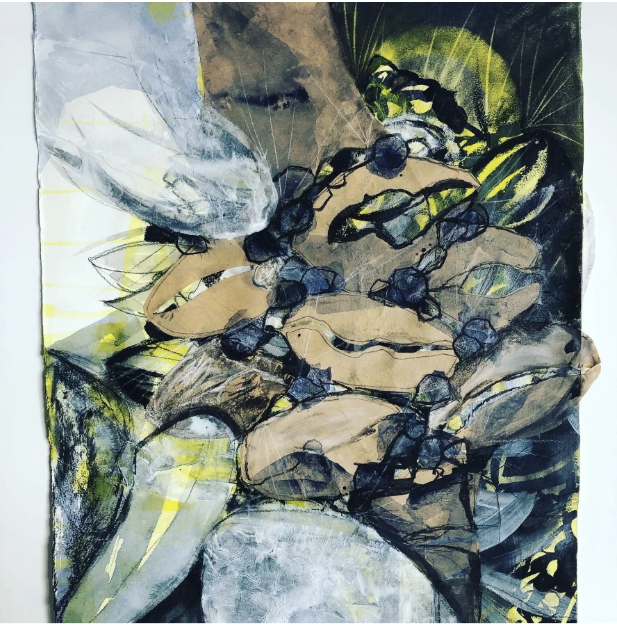 Abstract artwork featuring overlapping shapes and lines in shades of beige, black, yellow, and white, with hints of green, creating a layered composition.